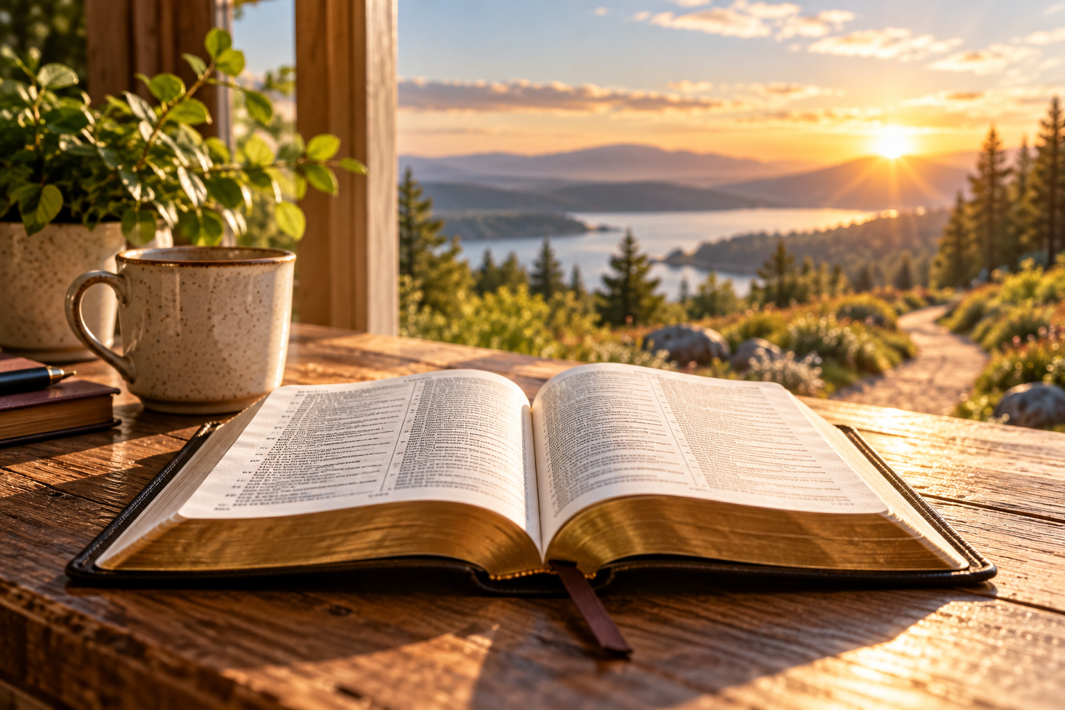 Open Bible on a wooden table overlooking a sunlit path winding through a peaceful landscape, symbolizing God's truth and guidance.