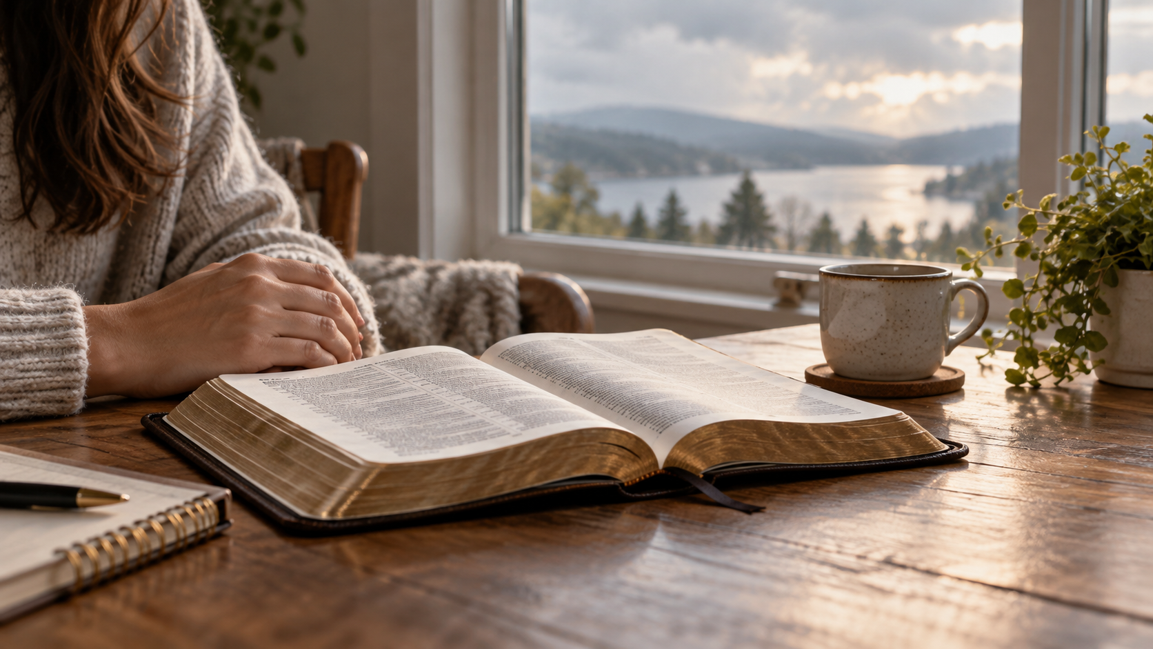Person sitting beside an open Bible at a wooden table near a window overlooking a lake.