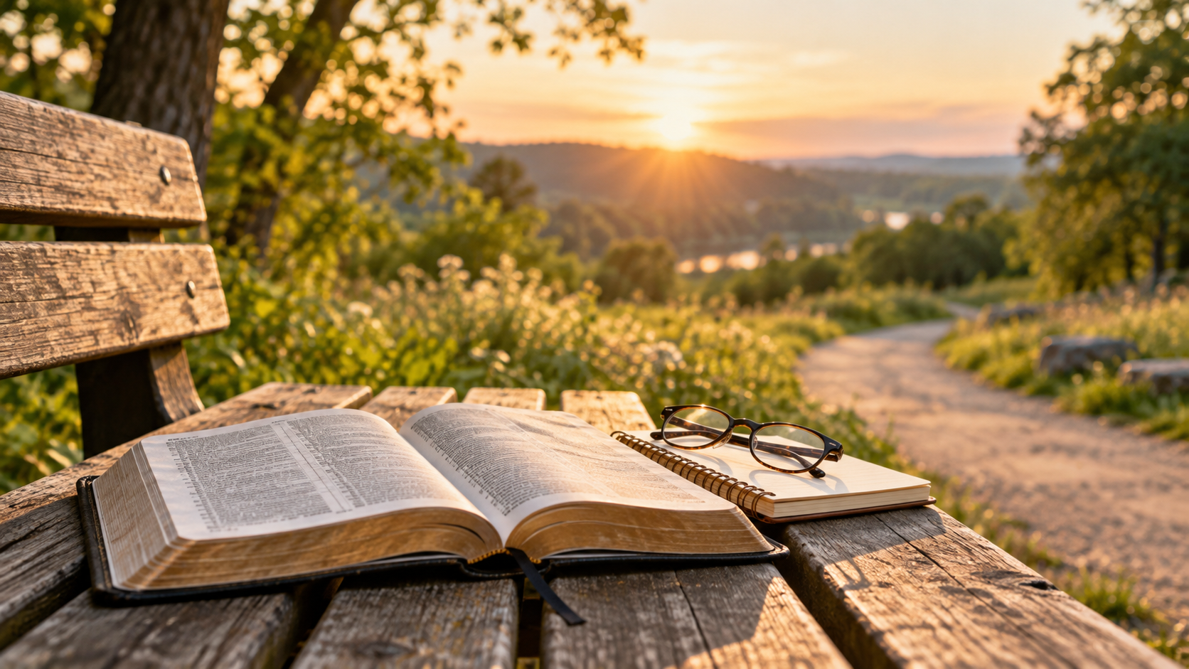 Open Bible on a rustic park bench overlooking a peaceful sunset landscape, representing a biblical worldview guided by God's Word.