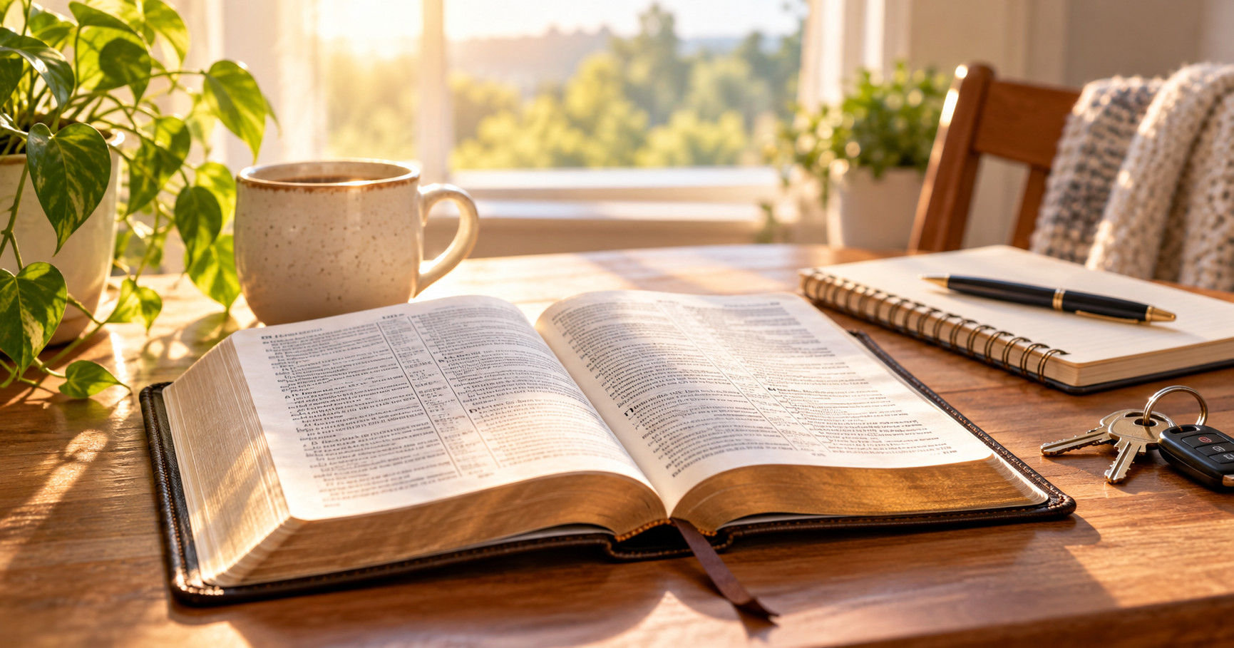 Open Bible on a wooden table with a notebook, coffee mug, and keys in warm morning light.