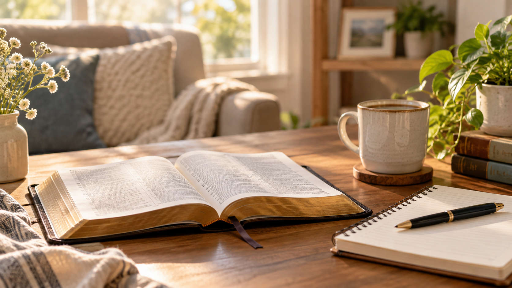 Open Bible on a wooden table beside a notebook, pen, and coffee mug in a warm, sunlit room.