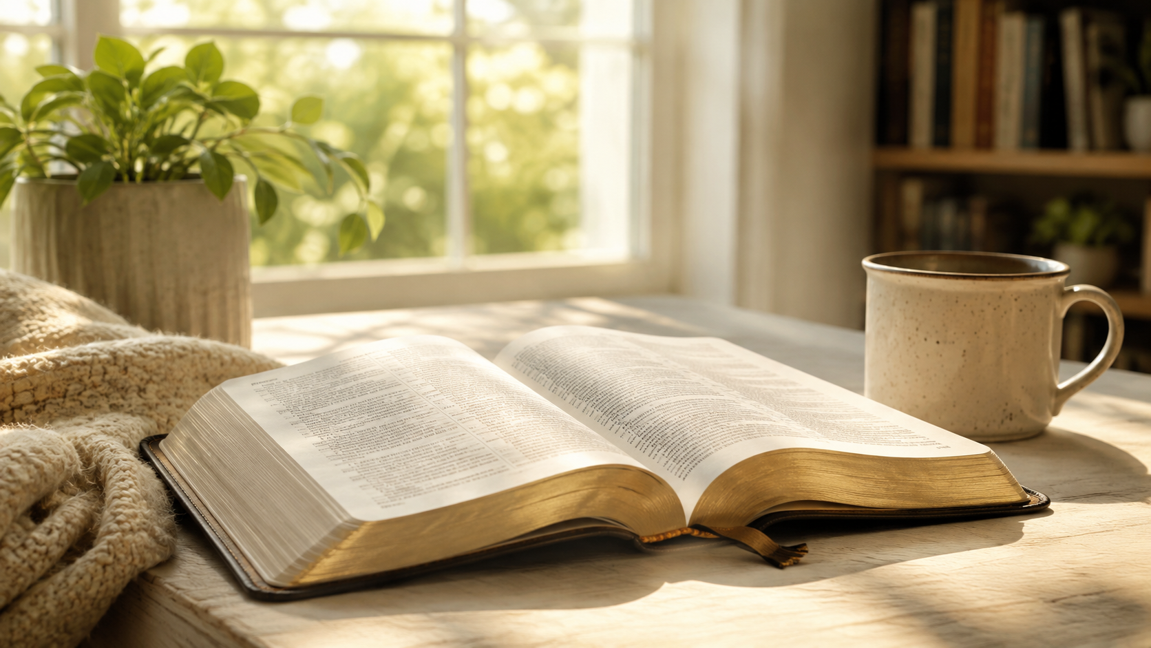 Open Bible on a table in warm morning light beside a mug in a quiet home setting