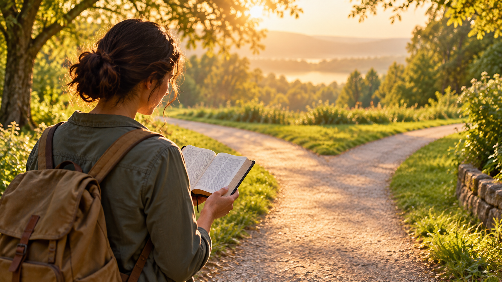 Woman reading an open Bible at a sunlit fork in a peaceful woodland path, symbolizing Scripture guiding daily decisions.