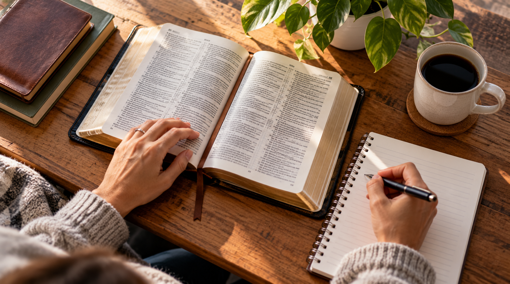 Person practicing Bible study habits by reading Scripture and taking notes in a notebook.